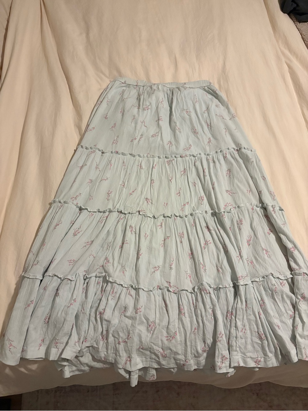 Light Blue Tiered Floral Midi Skirt